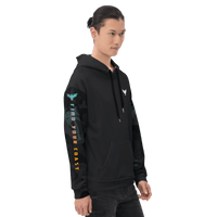 Black hoodie featuring unique sleeve design from Men’s Essential Palm Sleeve Recycled Hoodie