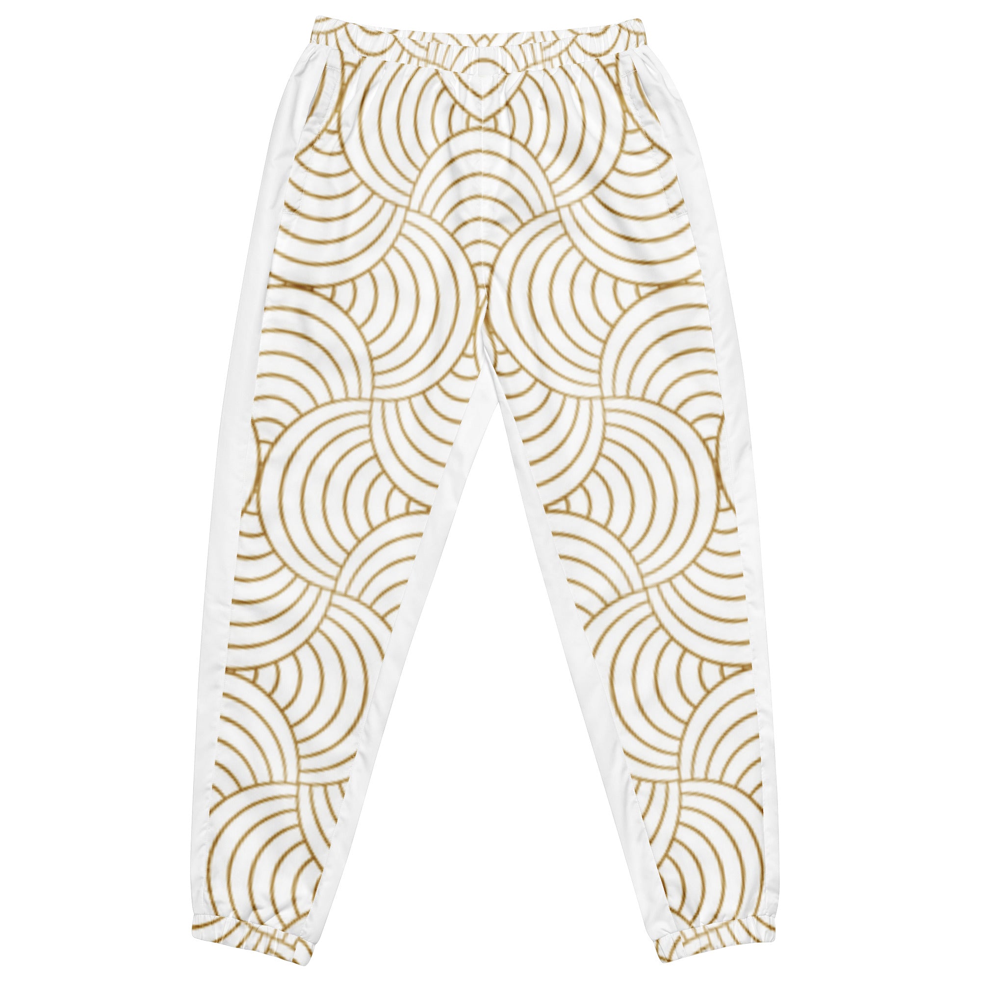 White and Gold Joggers for Men featuring elastic waistband and gold geometric circle pattern