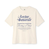 Cream-colored Anchor of Salvation Christian T-Shirt with blue lettering in streetwear style