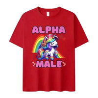 Red T-shirt featuring unicorn and Alpha Male text, perfect for salvation Christian streetwear