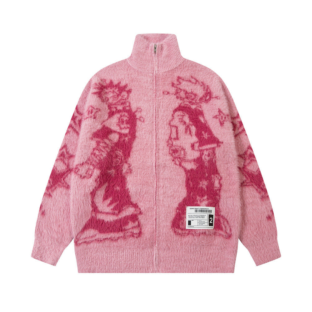 Anime Jacquard Knitted Cardigan - Pink / M - Women’s Cardigans