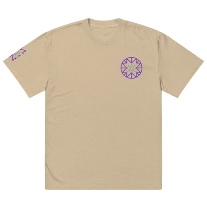 Beige Artistic Crown Design Casual T-Shirt featuring vibrant purple designs