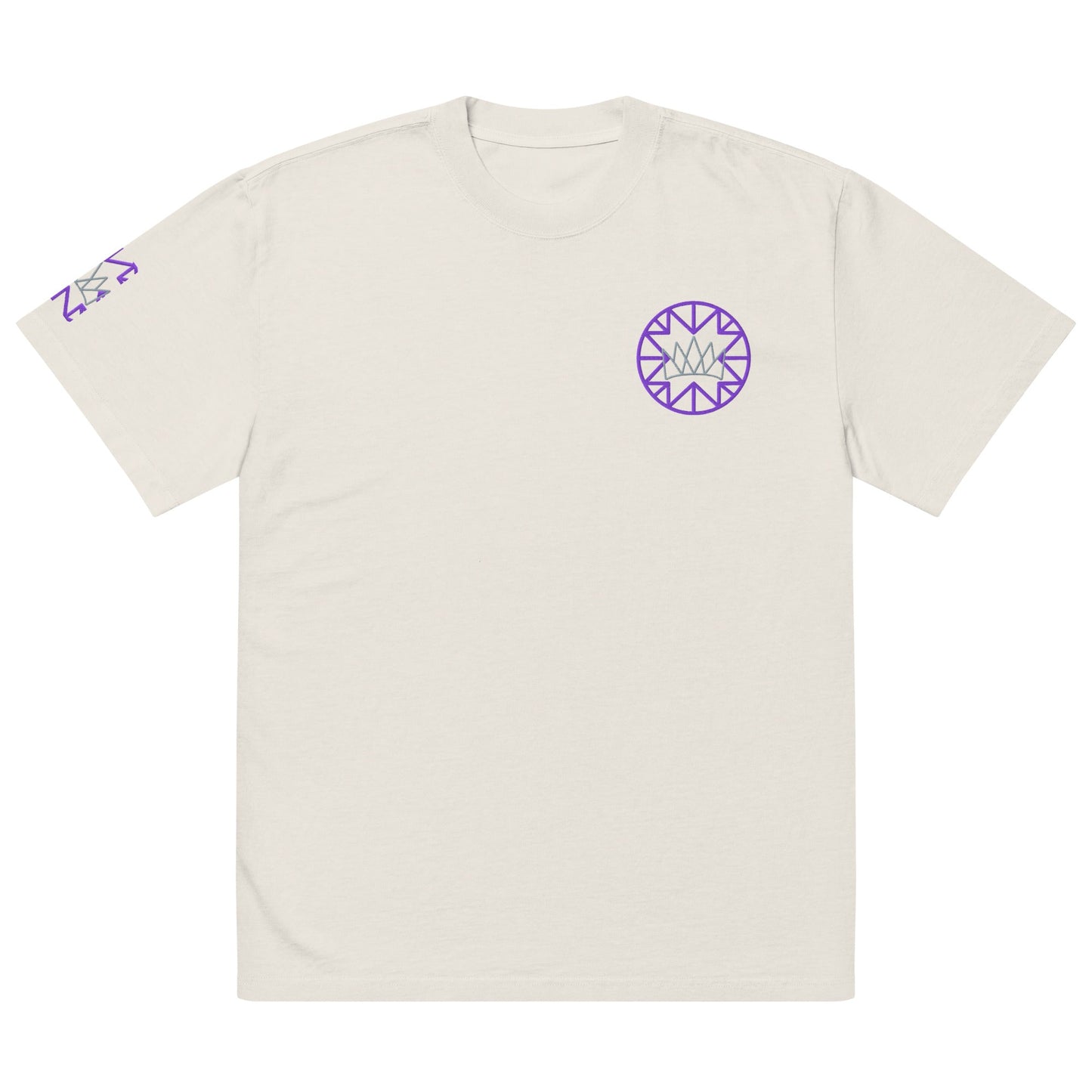 Beige Artistic Crown Design Casual T-Shirt featuring purple graphic designs