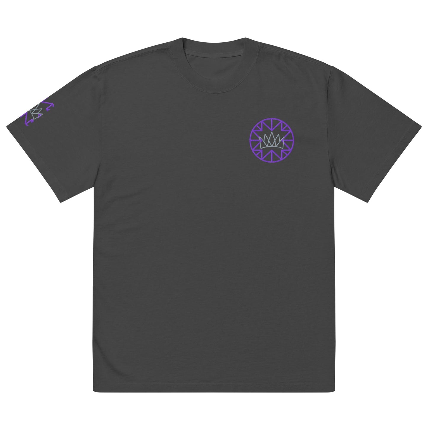 Gray Artistic Crown Design Casual T-Shirt featuring purple and green designs