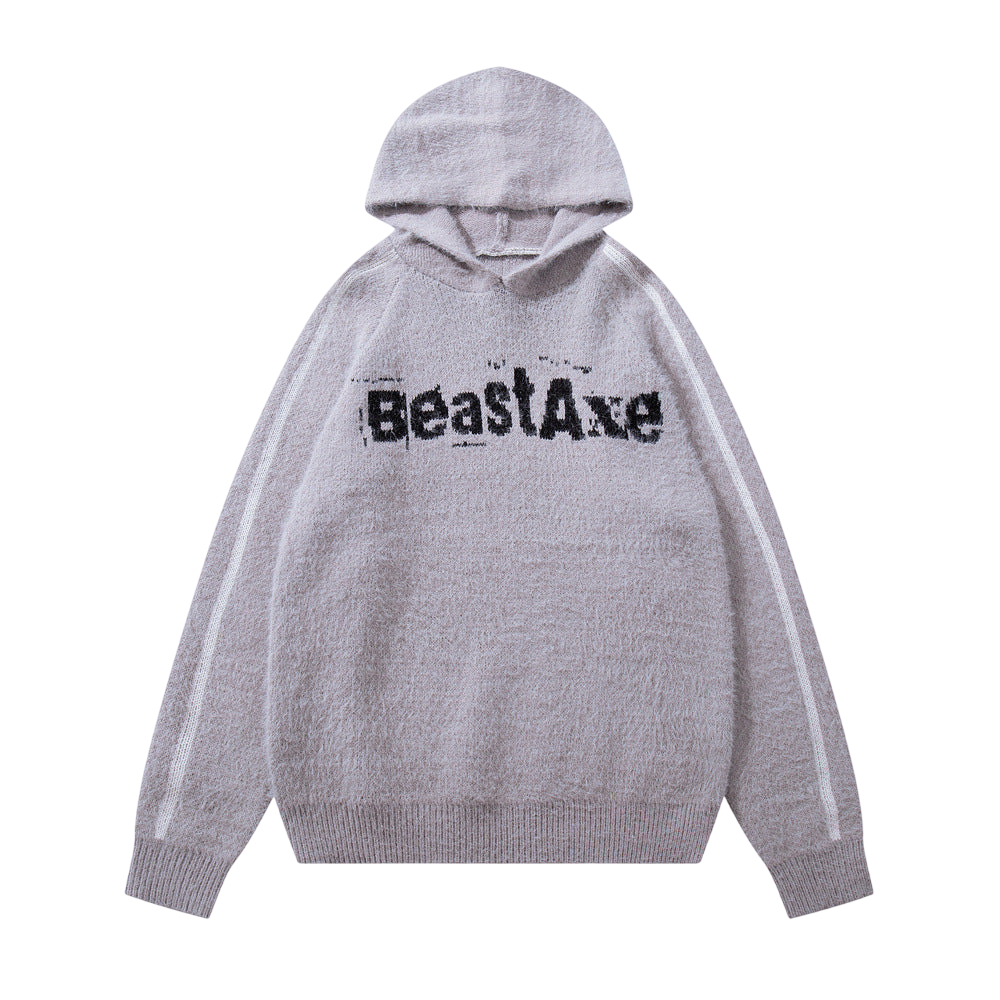 Gray hooded sweatshirt with white stripes from BeastAxe Fuzzy Knit Hoodie collection