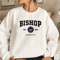 White Bishop Hawkeye Graphic Sweatshirt with retro college style text design
