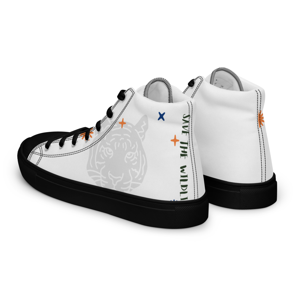 White high-top sneakers with tiger graphic, perfect durable canvas shoes for ankle support