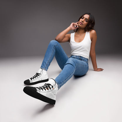 Woman in jeans and sneakers wearing durable Black and White High-Top Canvas Shoes