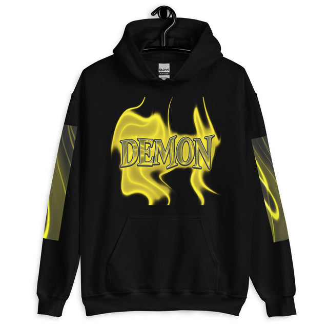 Black hoodie with ’DEMON’ graphic.