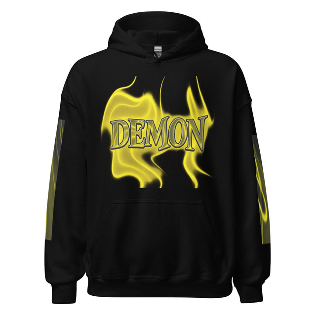 Black hoodie with ’Demon’ graphic.