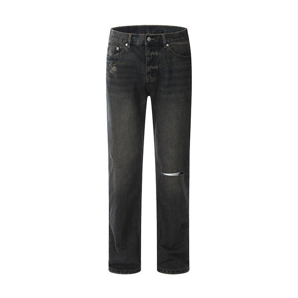 Distressed black denim jeans. — hover