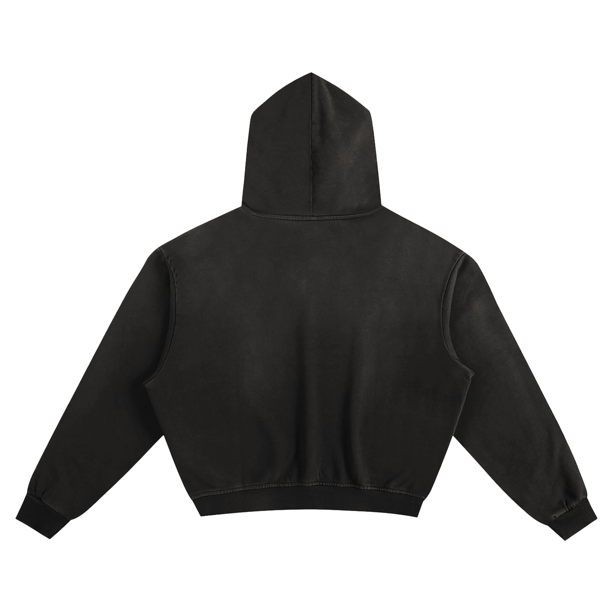 Black essential hoodie with vintage wash finish, featuring a relaxed fit and soft fabric. Back piece