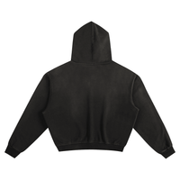Black essential hoodie with vintage wash finish, featuring a relaxed fit and soft fabric. Back piece