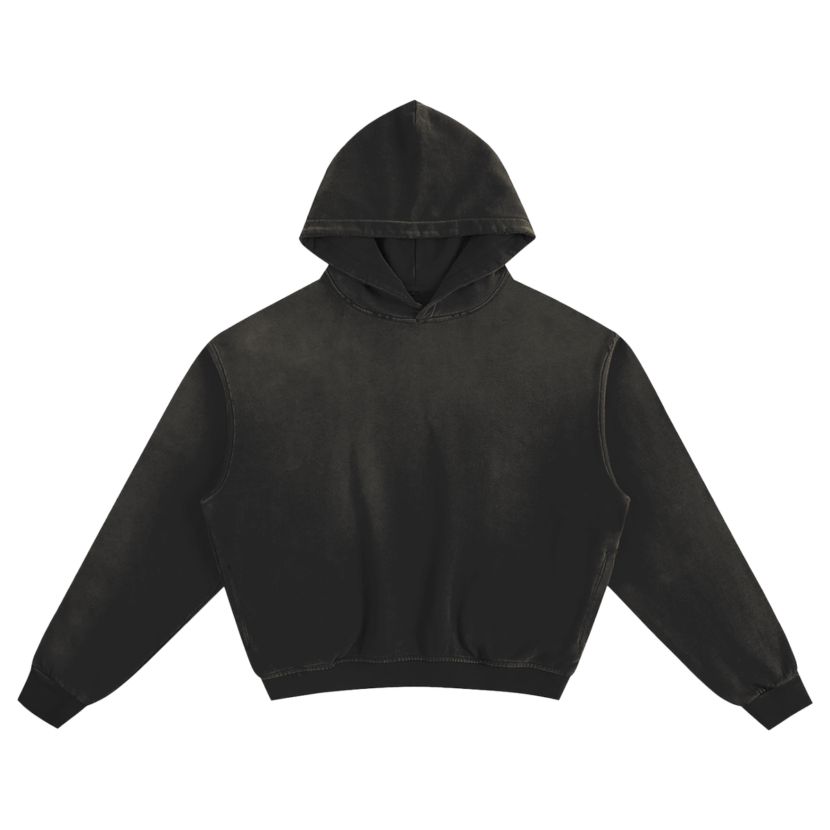 Black essential hoodie with vintage wash finish, featuring a relaxed fit and soft fabric.
