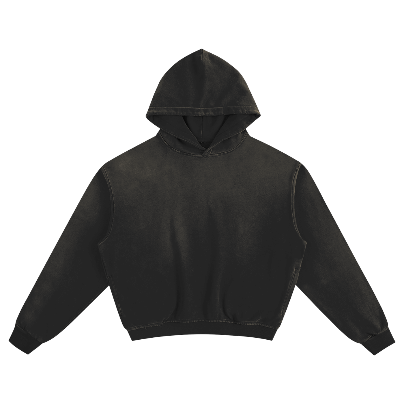 Black essential hoodie with vintage wash finish, featuring a relaxed fit and soft fabric.