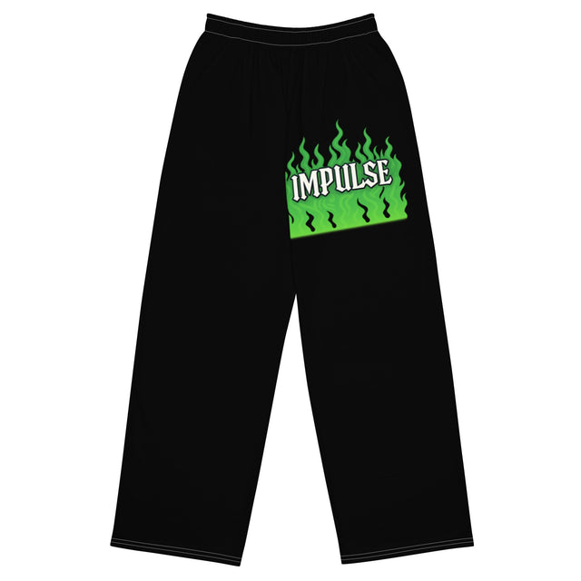 Black sweatpants with green flame graphic.