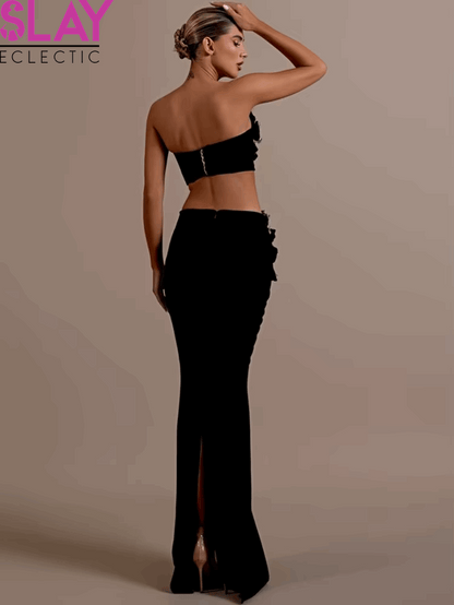 Women Sexy Strapless Black Maxi Bandage Skirt Set 2024