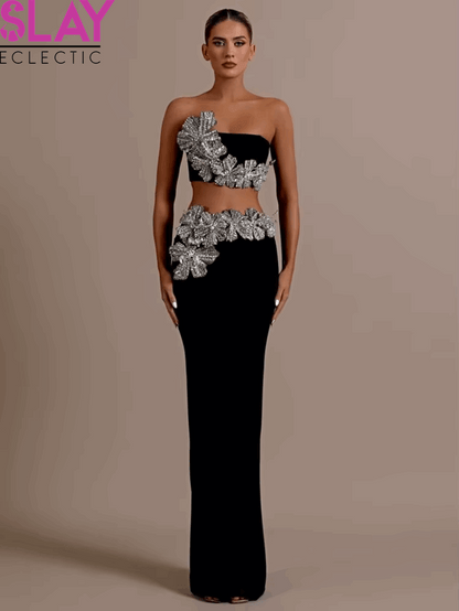 Women Sexy Strapless Black Maxi Bandage Skirt Set 2024
