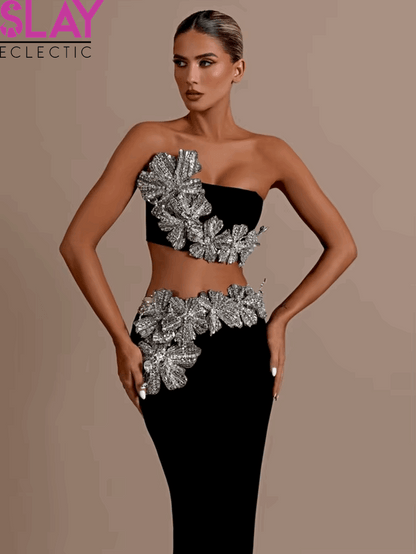 Women Sexy Strapless Black Maxi Bandage Skirt Set 2024
