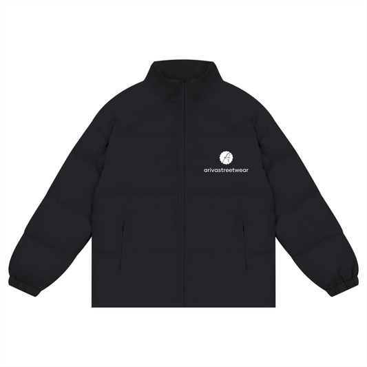 Black unisex zipper puffer coat with white minimalist logo on left chest, high collar, elastic cuffs, two side pockets, and full-length zipper closure – stylish and warm outerwear