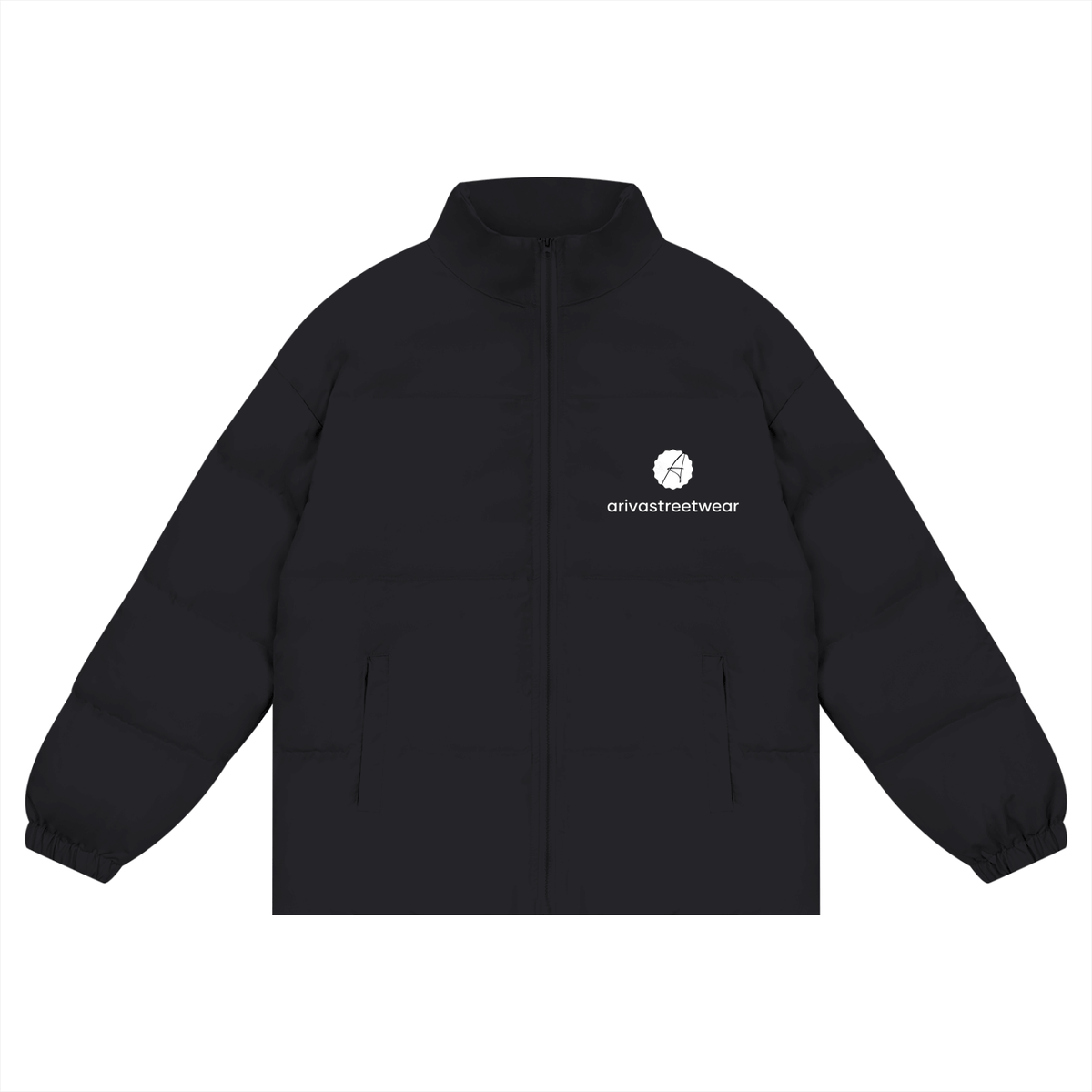 Side view of a black unisex zipper puffer coat with minimalist white logo on left chest, high collar, elastic cuffs, and two side pockets – modern and functional design