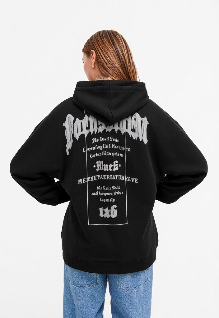 Black hoodie with gothic lettering from Blackwork Pink Tie-Dye Streetwear collection