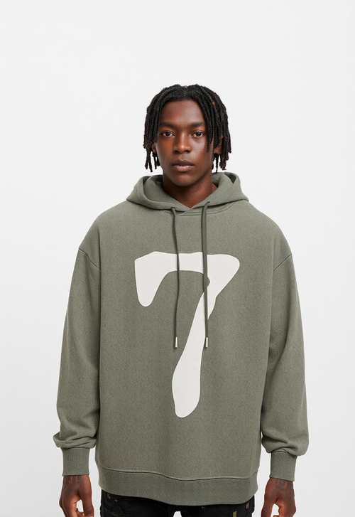 Oversized Olive Green Hoodie featuring a bold white number seven design