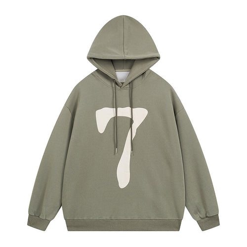 Olive green oversized hoodie featuring a bold white number seven design — hover