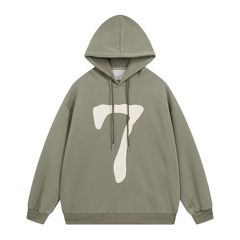 Olive green oversized hoodie featuring a bold white number seven design
