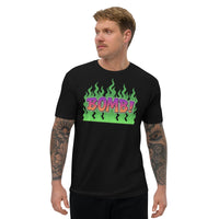 Black t-shirt with ’BOMB!’ graphic.