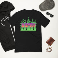 Black t-shirt with ’BOMB!’ graphic.