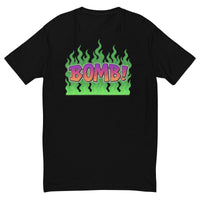 Black t-shirt with ’BOMB!’ graphic.