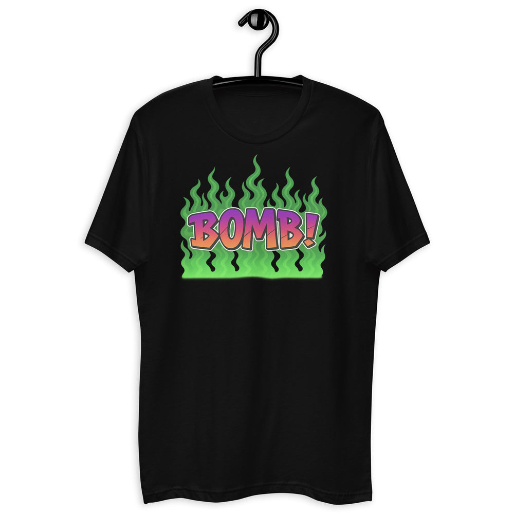 Black t-shirt with ’BOMB!’ graphic.