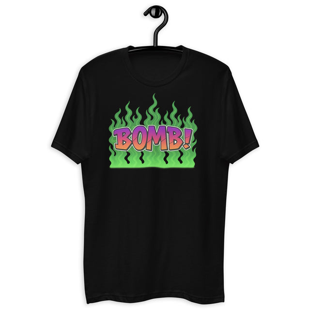 Black t-shirt with ’BOMB!’ graphic.