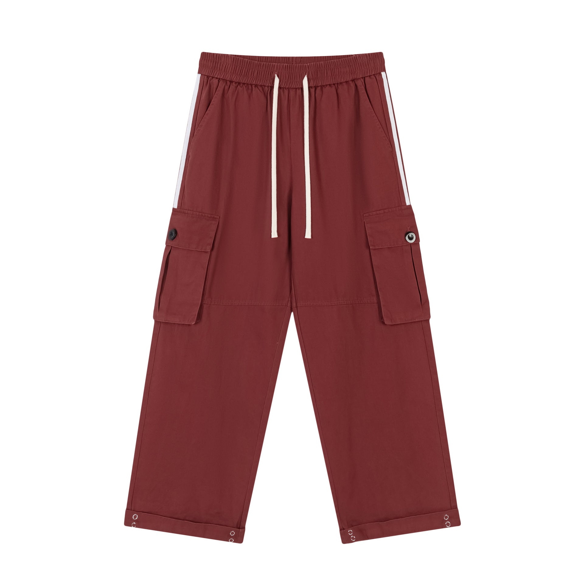 Maroon cargo pants with white stripes.