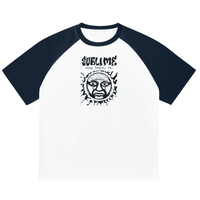 White and navy blue raglan t-shirt featuring California Beach Vibe graphic design