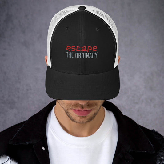 Black and white adjustable snapback trucker hat for trendy streetwear style