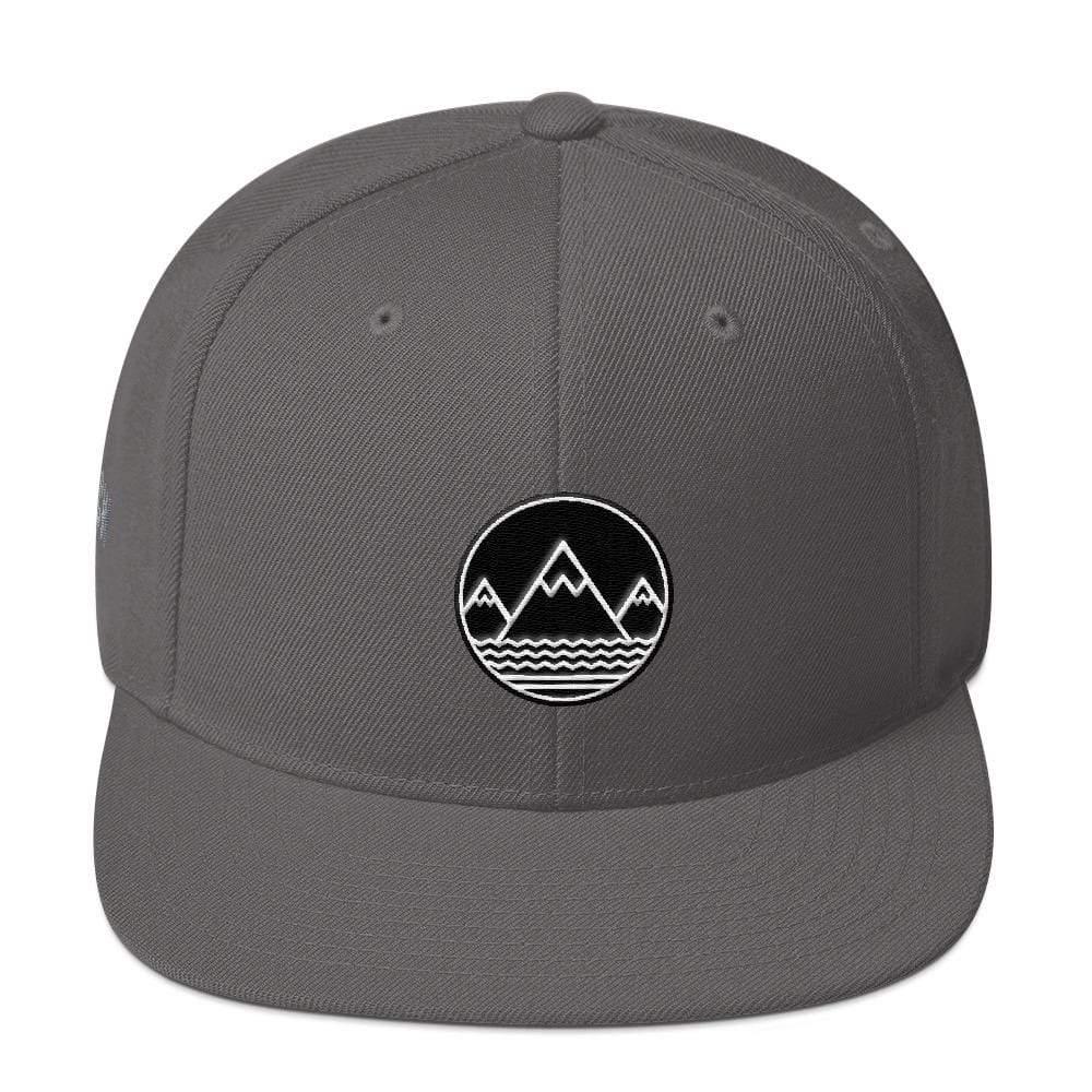 Gray flat-brimmed Classic Snapback Hat with mountain logo design