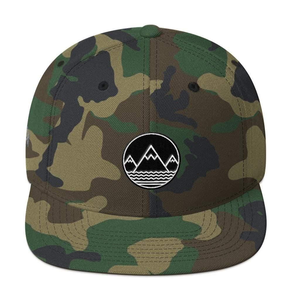 Camo flat-brimmed Classic Snapback Hat with mountain and wave patch design