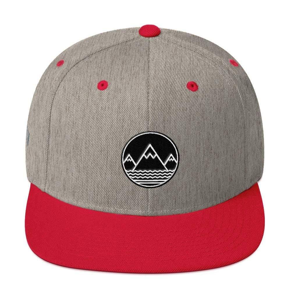 Gray and red Classic Snapback Hat featuring mountain logo design