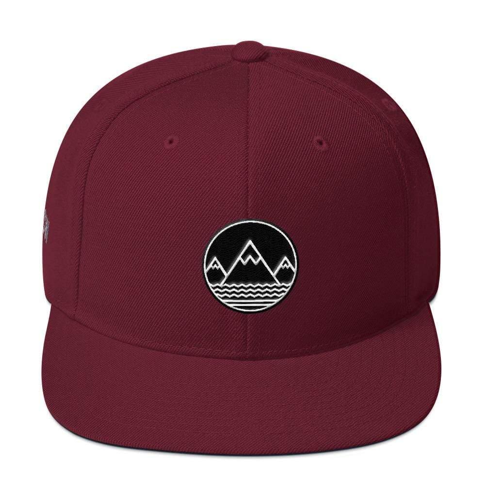 Maroon flat-brimmed Classic Snapback Hat with mountain logo design