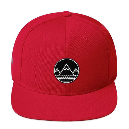 Red flat-brimmed Classic Snapback Hat with mountain logo for outdoor enthusiasts