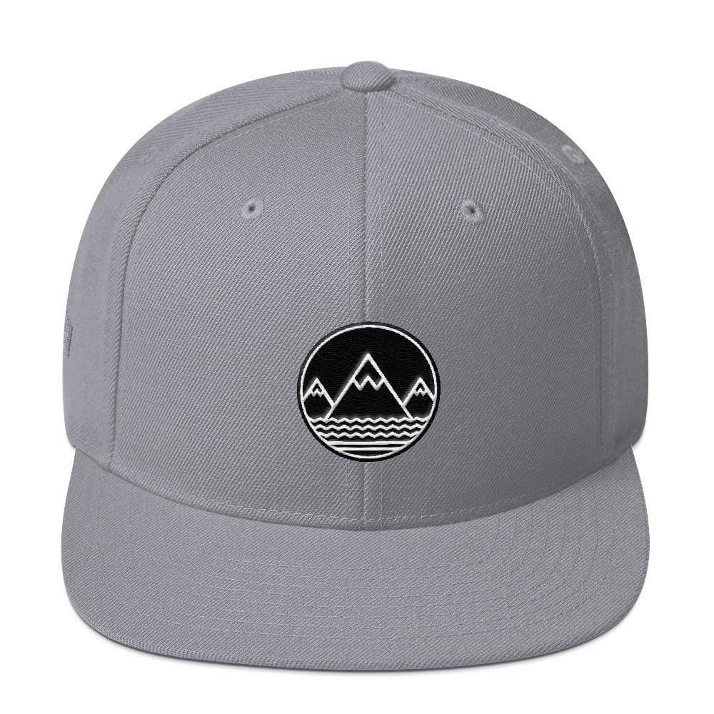 Gray flat-brimmed Classic Snapback Hat featuring a mountain logo design