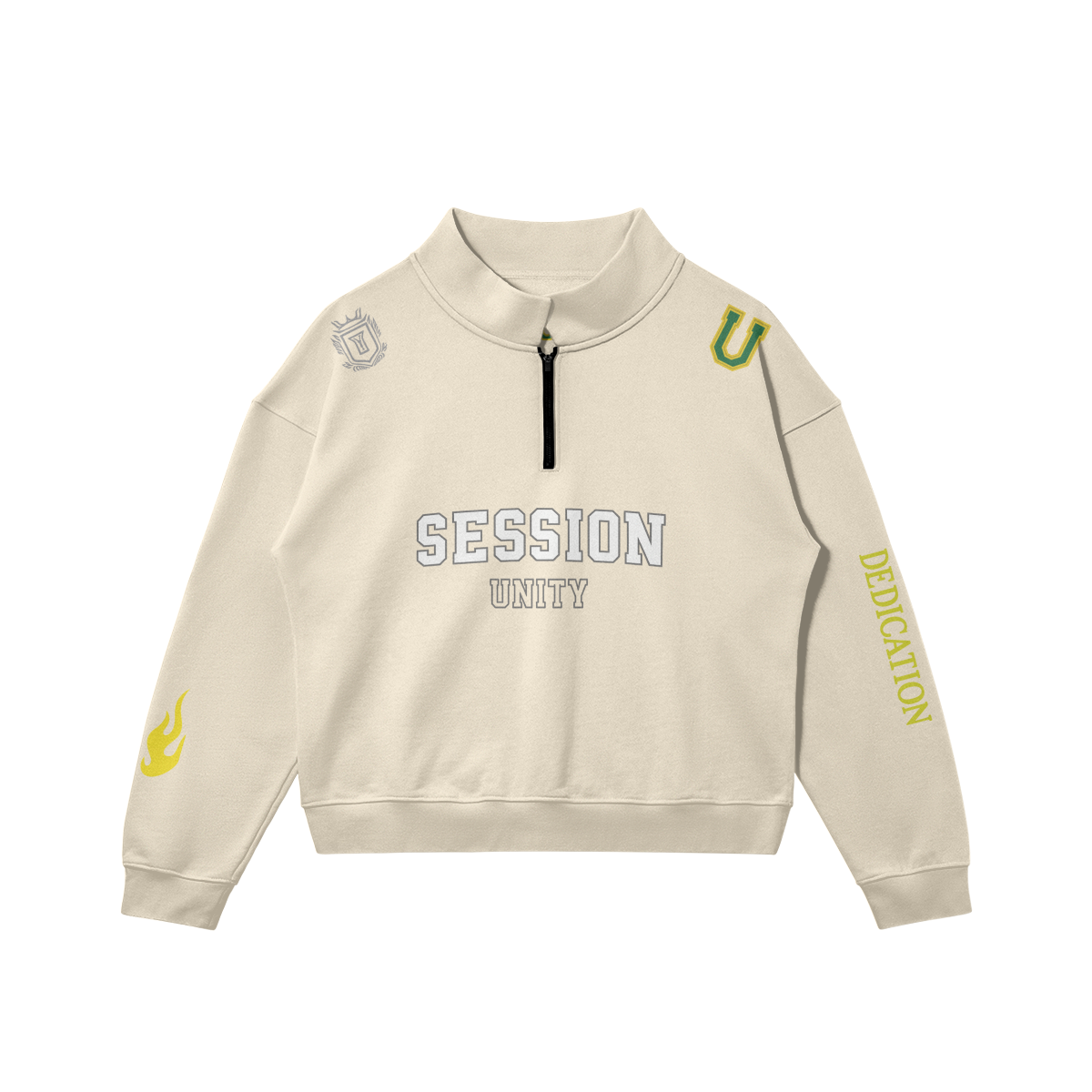 DEDICATION Flame Sleeve Varsity Zip Sweatshirt - Beige - Rice Apricot / S