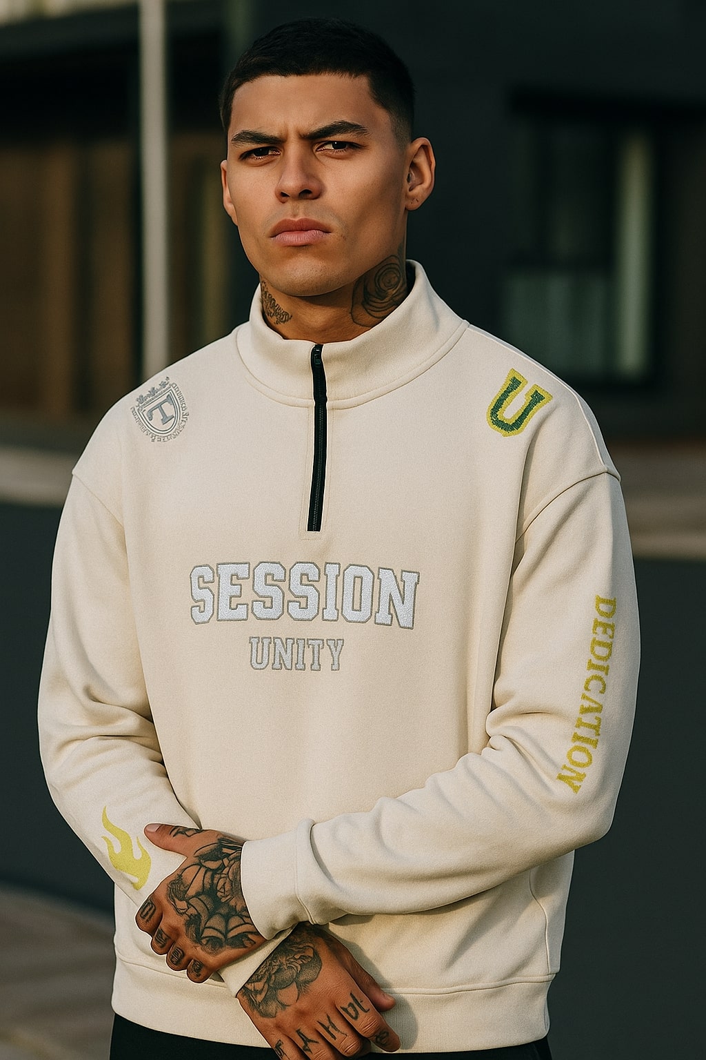 DEDICATION Flame Sleeve Varsity Zip Sweatshirt - Beige