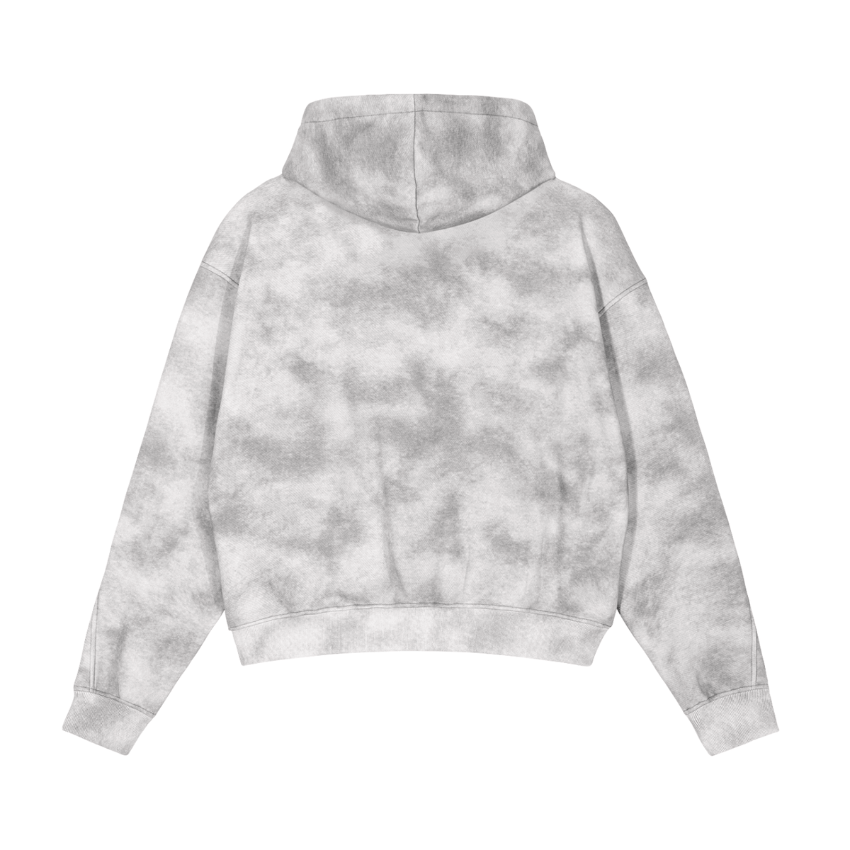 Gray tie-dye hoodie featuring a boxy zip-up design in soft fleece fabric