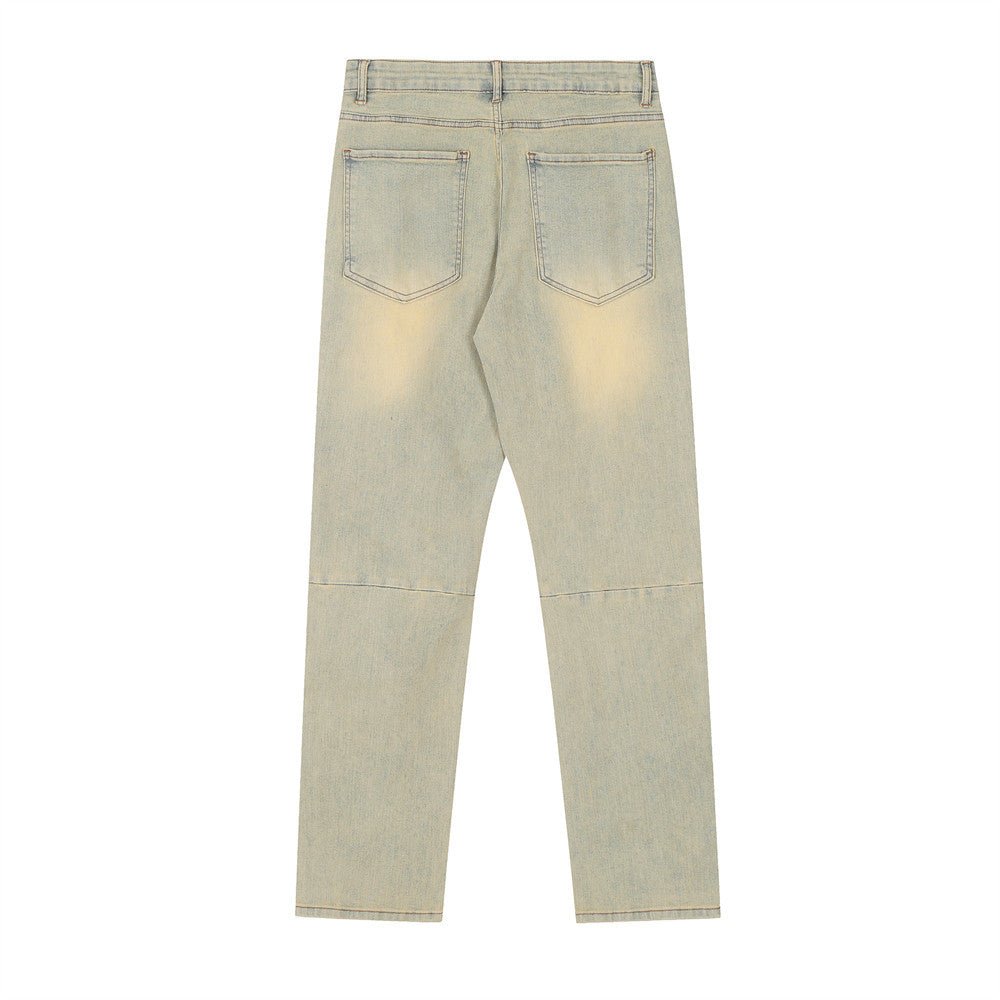 Light-wash denim jeans.