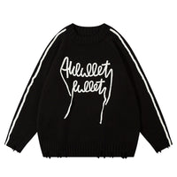 Black distressed streetwear knit sweater with white stripes and lettering