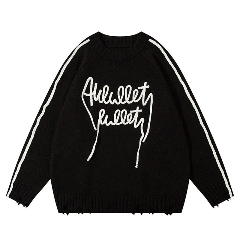 Black distressed streetwear knit sweater with white stripes and lettering