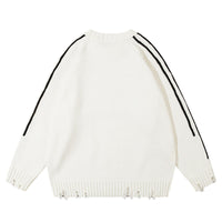 White distressed sweater with black stripes from the Distressed Streetwear Knit Sweater collection